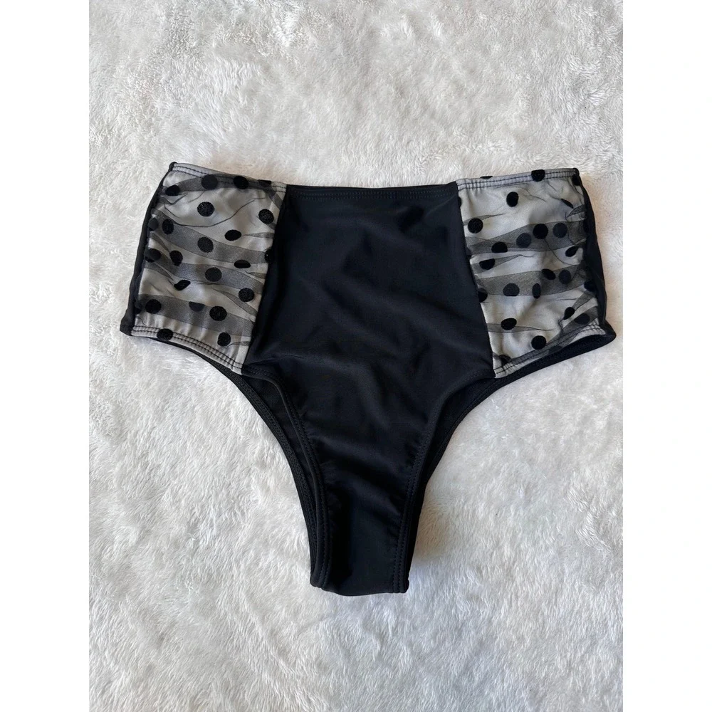 Black Polka Dot 3 Piece Bikini Set with Mesh Sarong Skirt High Waist Small
